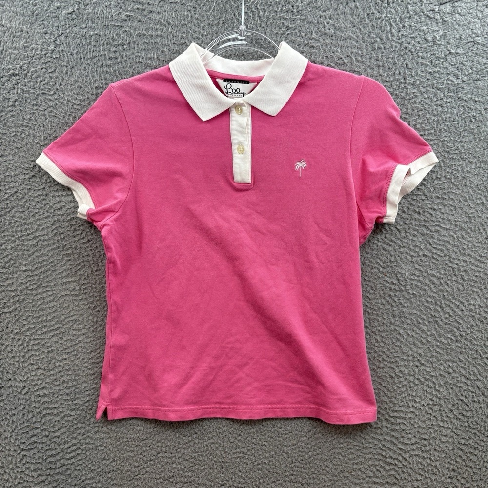 Vintage Lilly Pulitzer Polo Shirt Women Medium Pink White Trim Shrunken Fit Golf